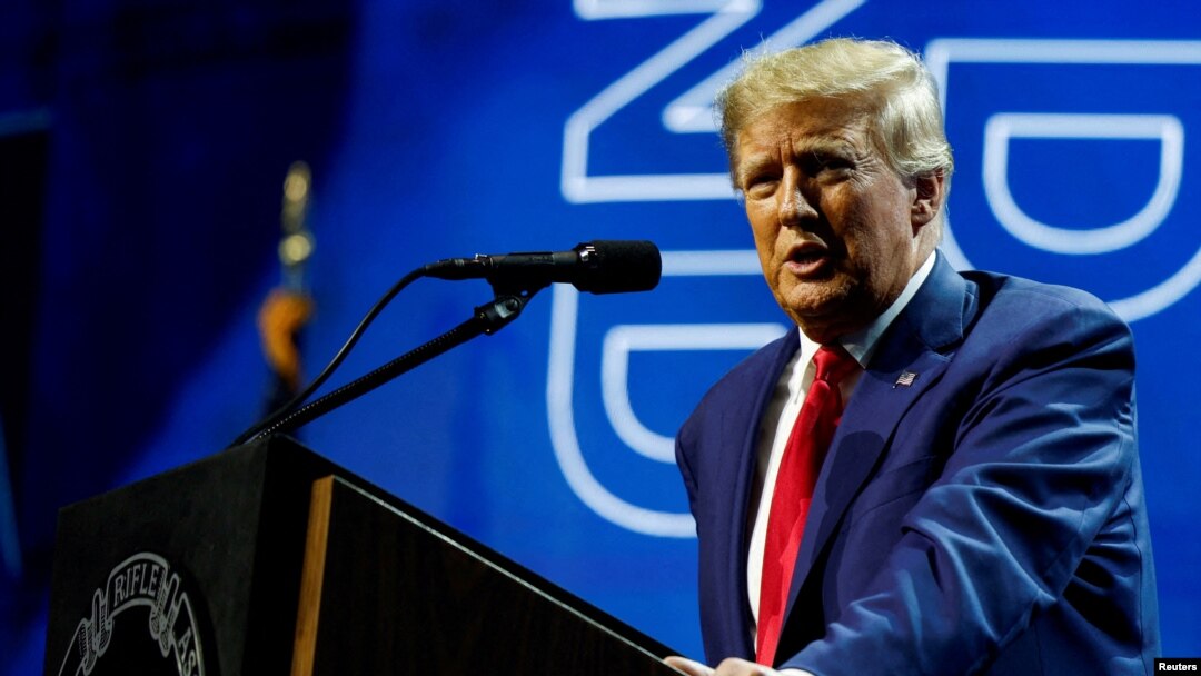 FILE - Former President Donald Trump speaks at the National Rifle Association annual convention in Indianapolis, Indiana, April 14, 2023. 