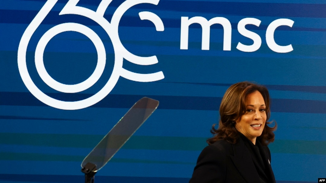 U.S. Vice President Kamala Harris leaves the stage after delivering her speech during the opening of the 60th Munich Security Conference at the Bayerischer Hof Hotel in Munich, Germany, on Feb. 16, 2024.