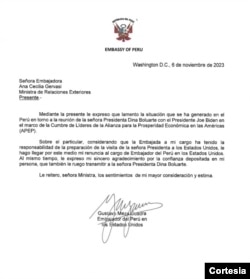 Carta de Renuncia del Embajador peruano en Estados Unidos, Gustavo Meza-Cuadra.