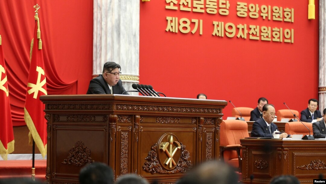North Korean leader Kim Jong Un attends the December 2023 plenary meeting of the Central Committee of the Workers' Party of Korea, in Pyongyang, North Korea, in this picture released by the Korean Central News Agency on Dec. 28, 2023. (KCNA via Reuters)