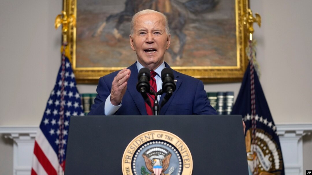 President Joe Biden delivers remarks about student protests over the war in Gaza, from the Roosevelt Room of the White House in Washington, May 2, 2024.