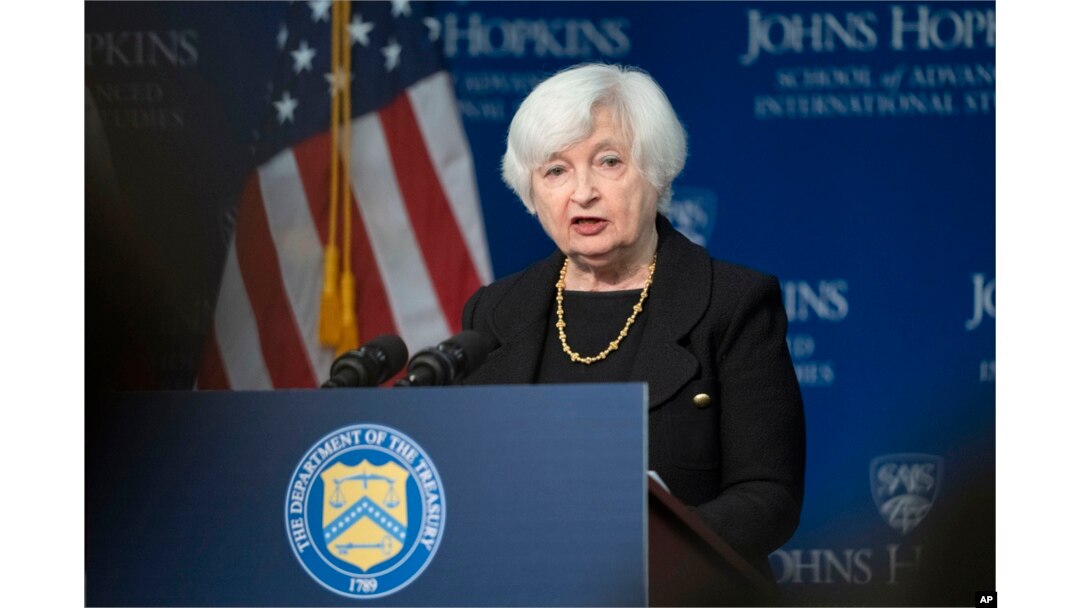 FILE - Treasury Secretary Janet Yellen speaks on the U.S.-China economic relationship at Johns Hopkins University School of Advanced International Studies, in Washington, April 20, 2023.
