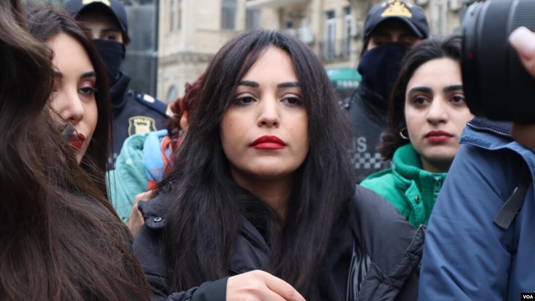 Journalist Aytac Tapdiq attends a protest in Baku's Fountain Square in Azerbaijan in March 2023. (Ulviyya Guliyeva/VOA)