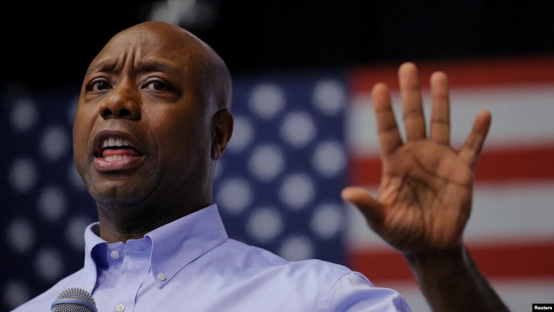 FILE - Republican presidential candidate and U.S. Senator Tim Scott speaks at a campaign town hall meeting in Manchester, New Hampshire, May 8, 2023. 