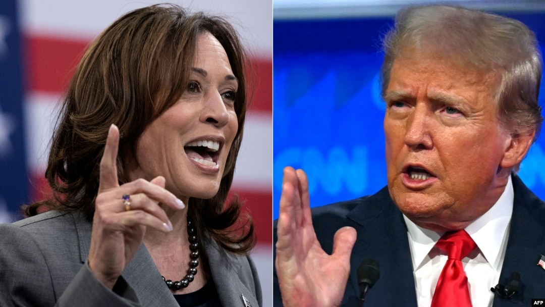 This combination of file photos created on Aug. 3, 2024, shows presidential candidates U.S. Vice President Kamala Harris in Raleigh, North Carolina, on March 26, 2024, and former U.S. President Donald Trump in Atlanta, Georgia, on June 27, 2024.