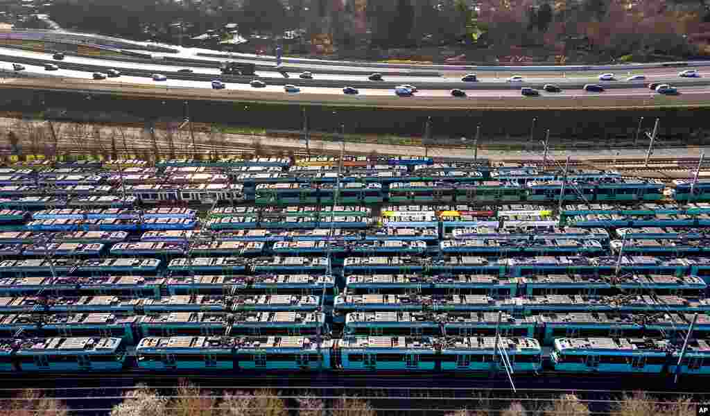 Subway trains and trams are parked at a depot in Frankfurt, Germany, the day when employees of the public transport went for a one-day-strike.