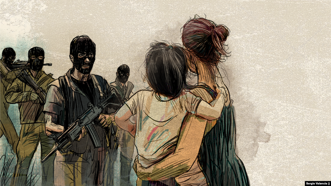 Ilustración realizada por la Voz de América el año pasado para una crónica sobre el secuestro de una mujer venezolana junto a su sobrina, de 8 años, en México.