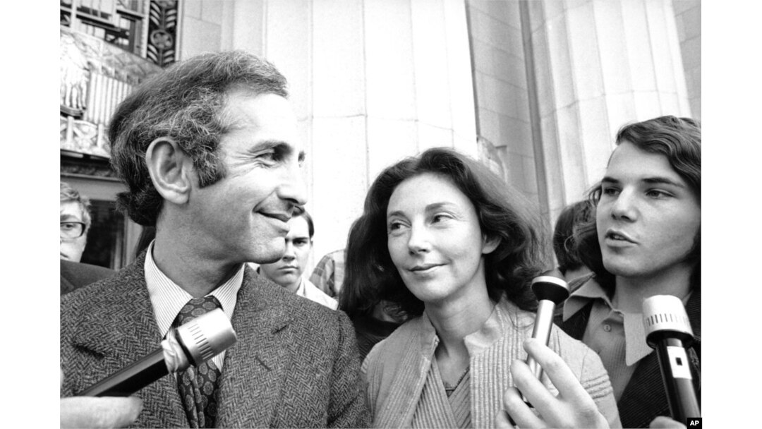 FILE - Daniel Ellsberg, co-defendant in the Pentagon Papers trial, talks to reporters after he testified in Los Angeles, April 12, 1973.