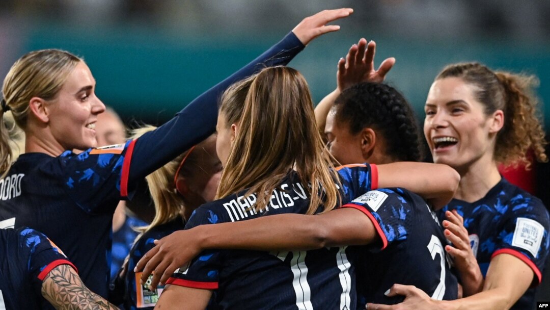 Netherlands' forward #22 Esmee Brugts (2nd R) celebrates with her teammates after scoring her team's third goal during the Women's World Cup Group E football match between Vietnam and the Netherlands at Dunedin Stadium, Aug. 1, 2023. 