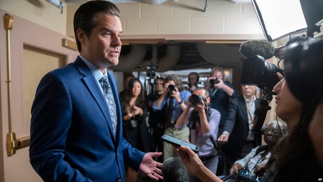 Rep. Matt Gaetz, speaks to reporters after leaving a meeting on the morning after he filed a motion to strip Speaker of the House Kevin McCarthy, of his leadership role, at the Capitol in Washington, Oct. 3, 2023.