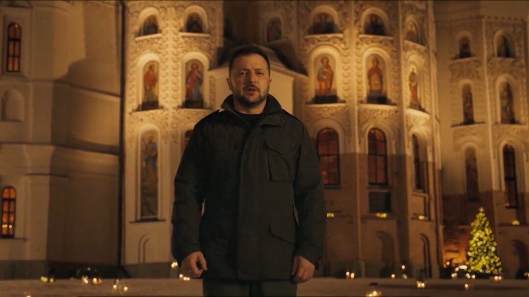 In a screengrab from video, published on his X account Dec. 24, 2023, Ukrainian President Volodymyr Zelenskyy is seen delivering his Christmas address to his nation.