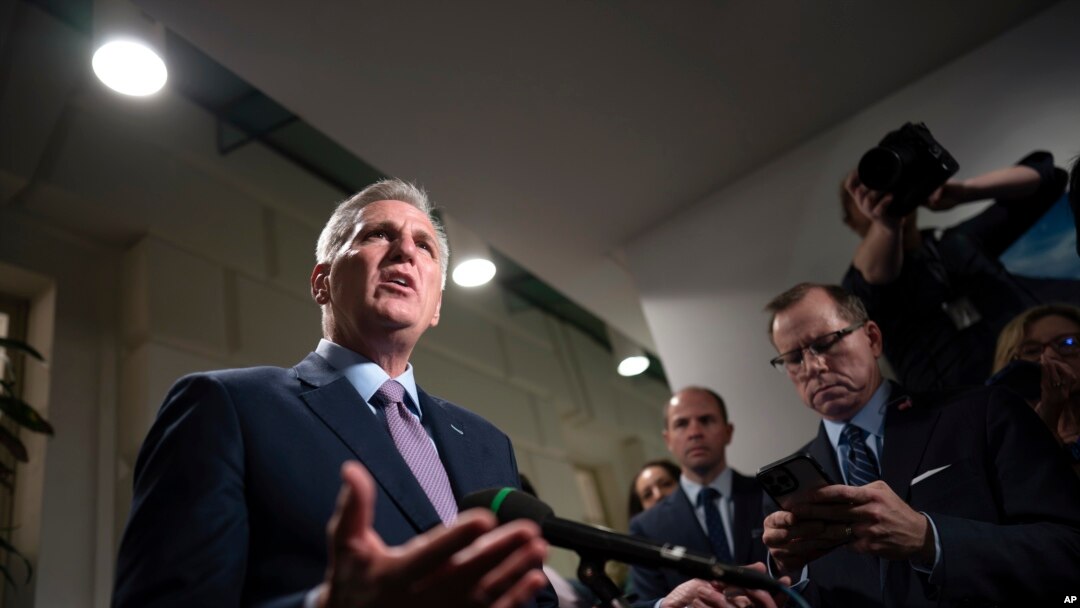 Speaker of the House Kevin McCarthy, talks to reporters after a closed-door meeting with House Republicans after Rep. Matt Gaetz filed a motion to oust McCarthy from his leadership role, at the Capitol in Washington, Oct. 3, 2023.