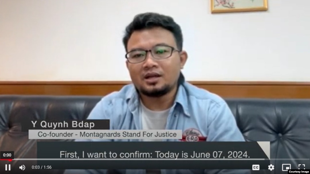FILE - Y Quynh Bdap, co-founder of Montagnards Stand for Justice, speaks on his video on June 7, 2024.