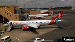 Shirika la ndege la Kenya-Kenya Airways katika uwanja wa ndage wa kimataifa wa Jomo Kenyatta Nairobi. Aug. 1, 2020.