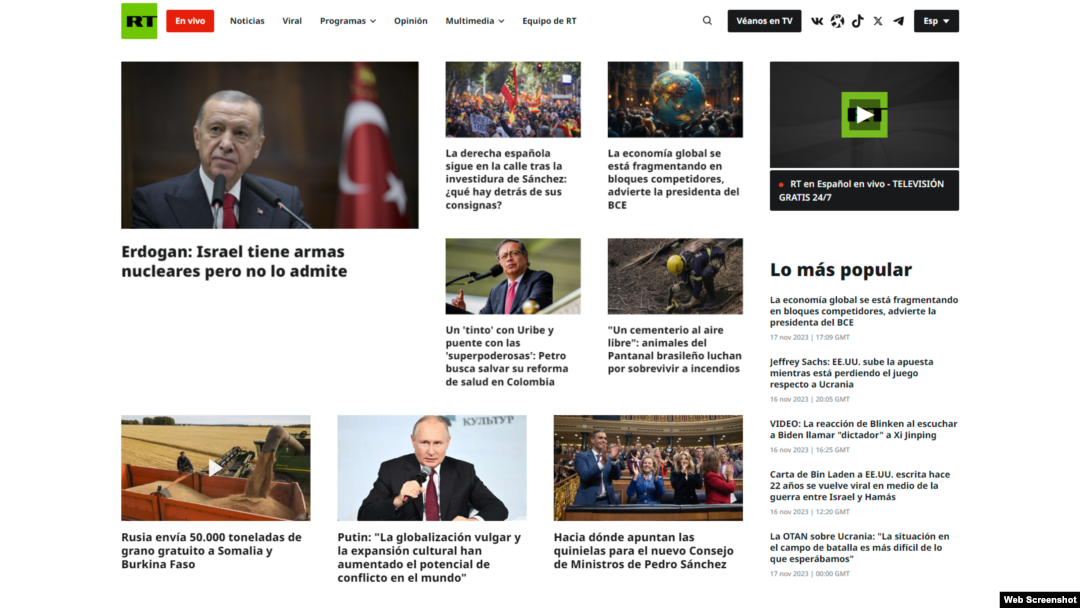 Una captura de pantalla muestra contenido de Russia Today (RT) en Español, el sitio web en financiado por el gobierno ruso, el 17 de noviembre de 2023.