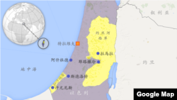 以色列、加沙地带、约旦河西岸诸城市地图：拉马拉、斯德洛特、特拉维夫、耶路撒冷、汗尤尼斯和阿什杜德