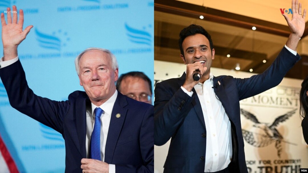 ARCHIVO - Los precandidatos republicanos Asa Hutchinson, exgobernador de Arkansas, y el empresario Vivek Ramaswamy en una composición con imágenes de sendas campañas.