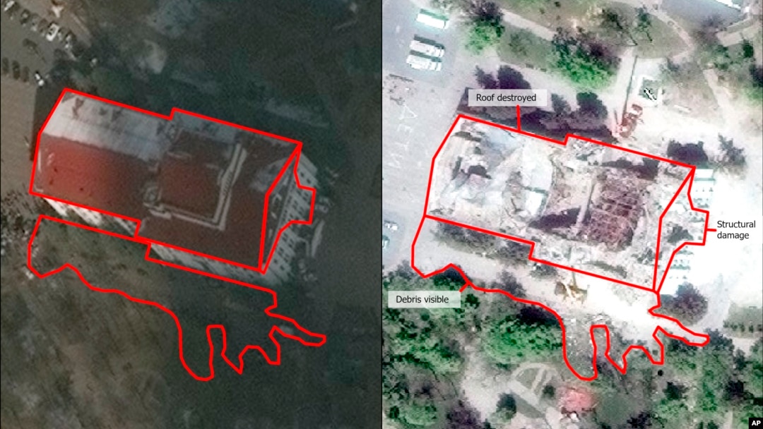 This satellite image provided by Maxar Satellite Imagery Analysis via UNOSAT, shows the Drama Theatre of Mariupol, Ukraine, on March 9, 2022, left, and the same site on Thursday, May 12, 2022. (Maxar Satellite Imagery Analysis by UNOSAT via AP)