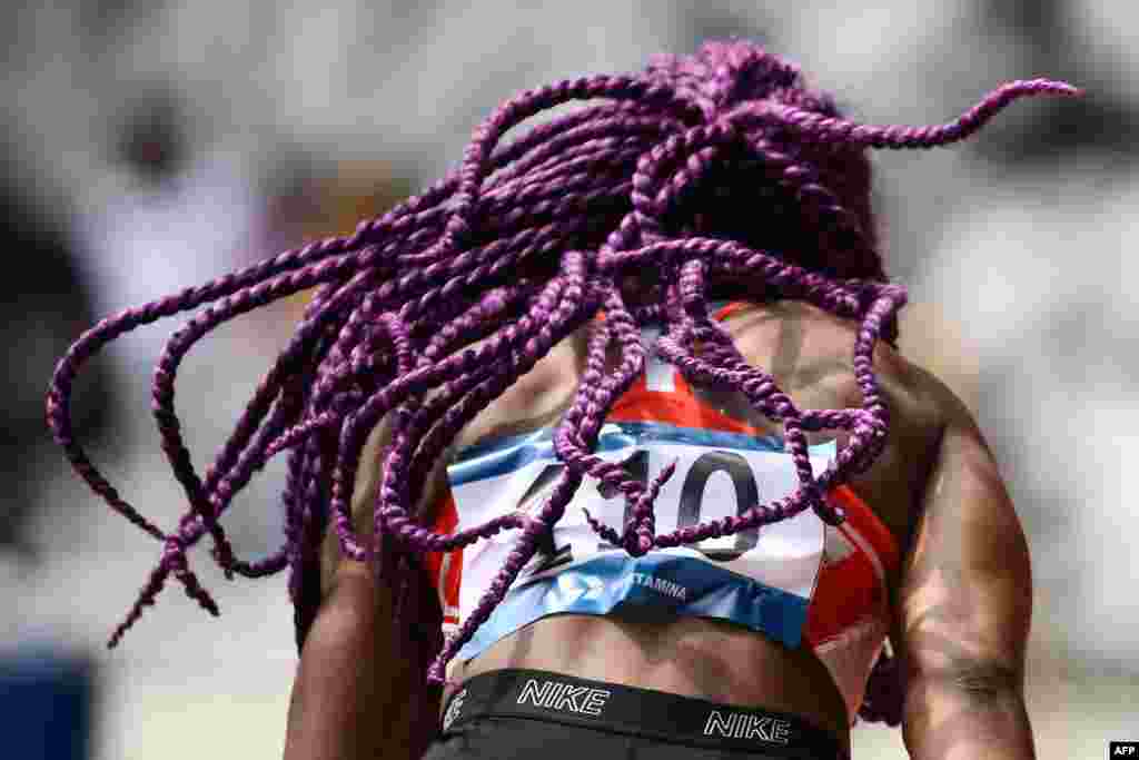 Bahrain's Aminat Jamal competes in the women's 400m hurdles athletics event during the 2018 Asian Games in Jakarta, Indonesia.