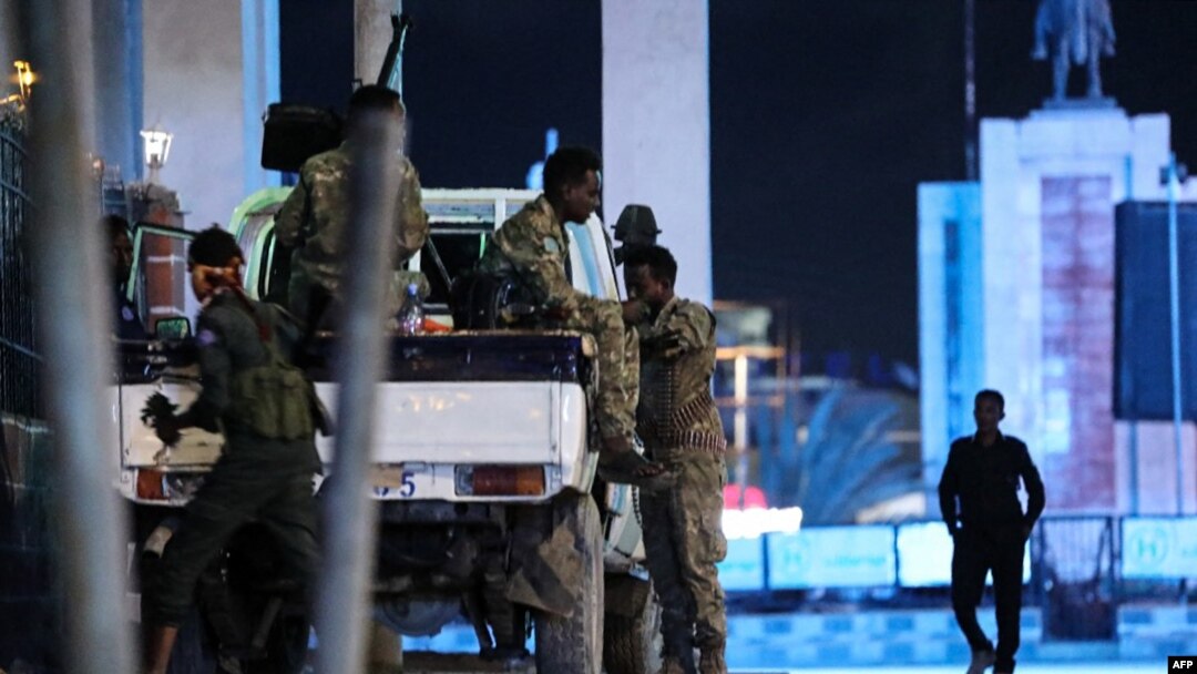 Security forces patrol near the Hayat Hotel after an attack by Al-Shabaab fighters in Mogadishu, Somalia.