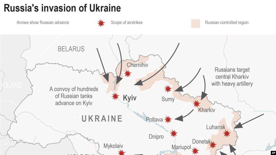 This map shows the locations of known Russian military strikes and ground attacks inside Ukraine after Russia announced a military invasion of Ukraine. The information is current as of March 1, 2022 at 11 a.m. Eastern Time.
