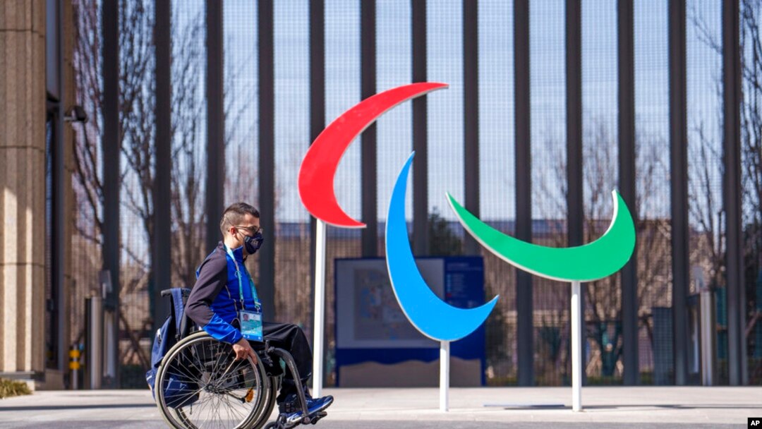 Italy's Matteo Remotti Martini moves in front of the Agitos outside the Paralympic Village ahead of the Beijing 2022 Winter Paralympic Games, Beijing, China, March 3, 2022. 