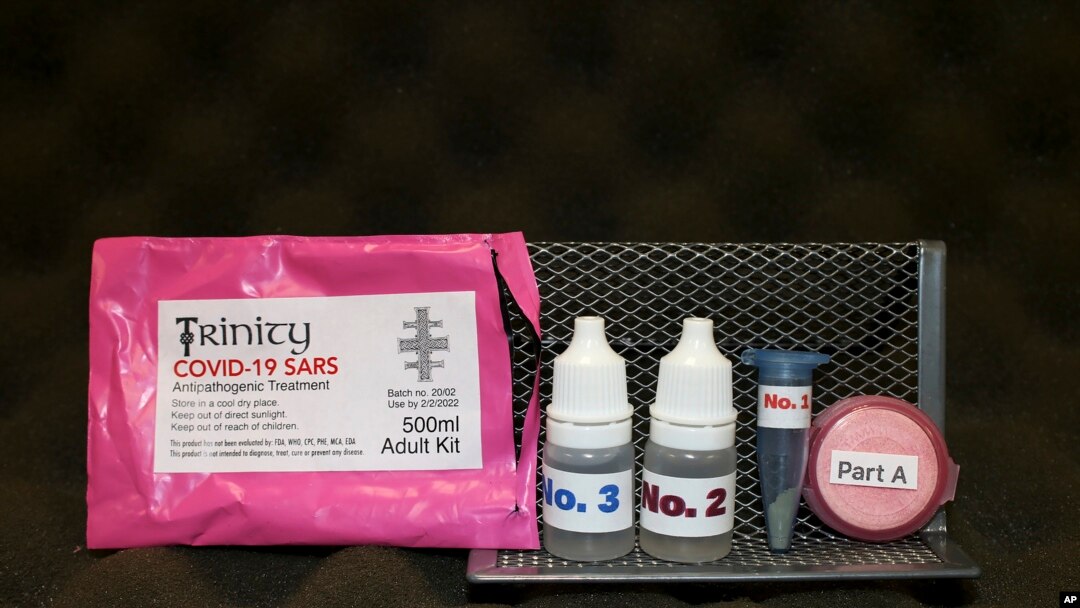 FILE - This undated photo provided by the U.S. Attorney's Office shows a phony coronavirus cure that a British man tried to smuggle into the United States.