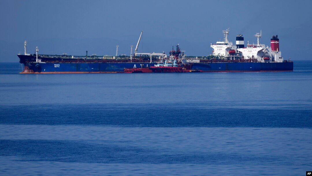 The Pegas tanker, that has recently changed its name to Lana, is seen off the port of Karystos on the Aegean Sea island of Evia, Greece, May 27, 2022. 