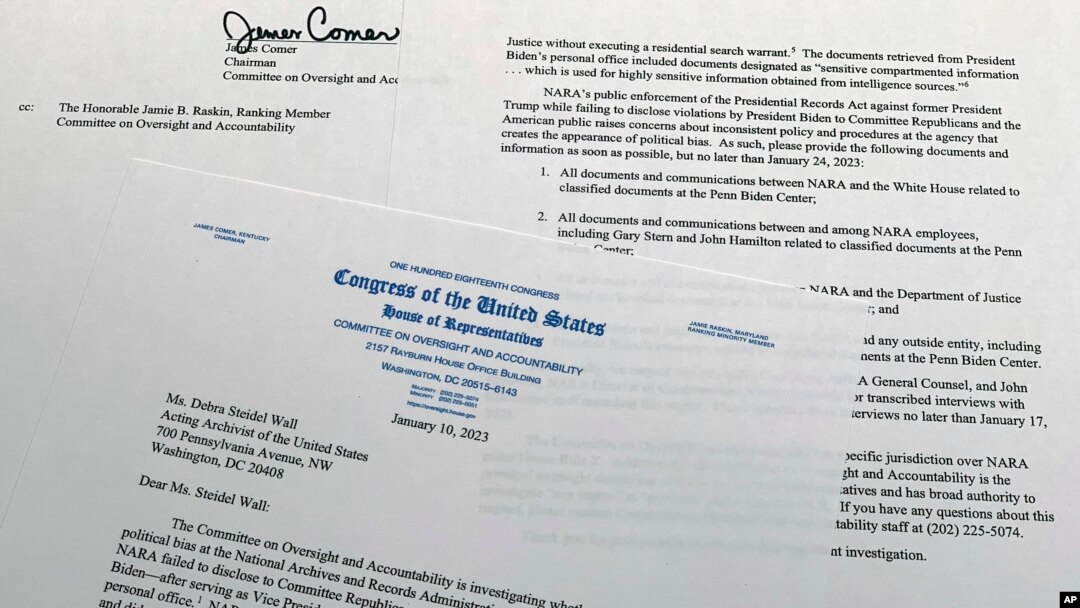 FILE - A letter from Congressman James Comer to Debra Steidel Wall, archivist of the U.S., is seen Jan. 10, 2023. House Republicans are demanding the White House turn over all information related to classified documents uncovered at President Joe Biden’s home and former office.