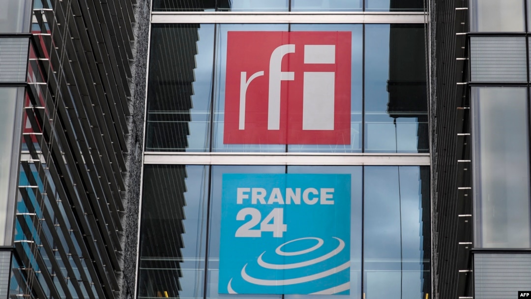 FILE - The headquarters of French national audiovisual media company group, France Medias Monde (FMM), which includes Radio France Internationale (RFI), at Issy-les-Moulineaux, near Paris, April 9, 2019.