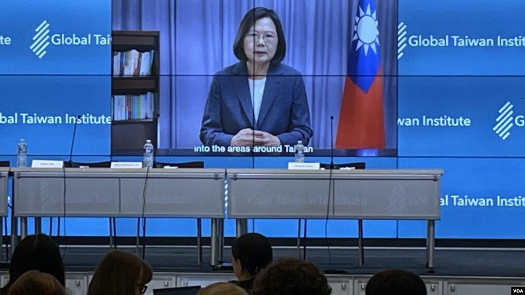 在全球枱灣研究中心(GTI)以“美台關係：推進基於規則的國際秩序”為主題的年會上，台灣總統蔡英文發表預先錄製的視頻講話。(2022年10月5日)