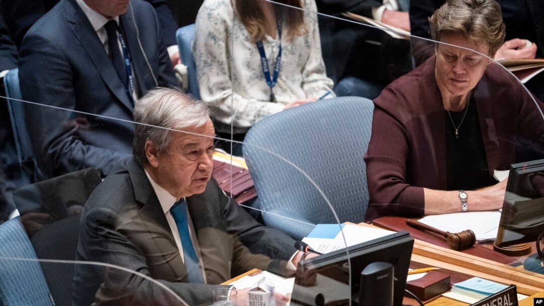  FILE - Antonio Guterres, Secretary-General of the United Nations, speaks during a meeting of the UN Security Council, April 5, 2022, as Ukrainian President Zelenskyy addresses the U.N. Security Council for the first time.