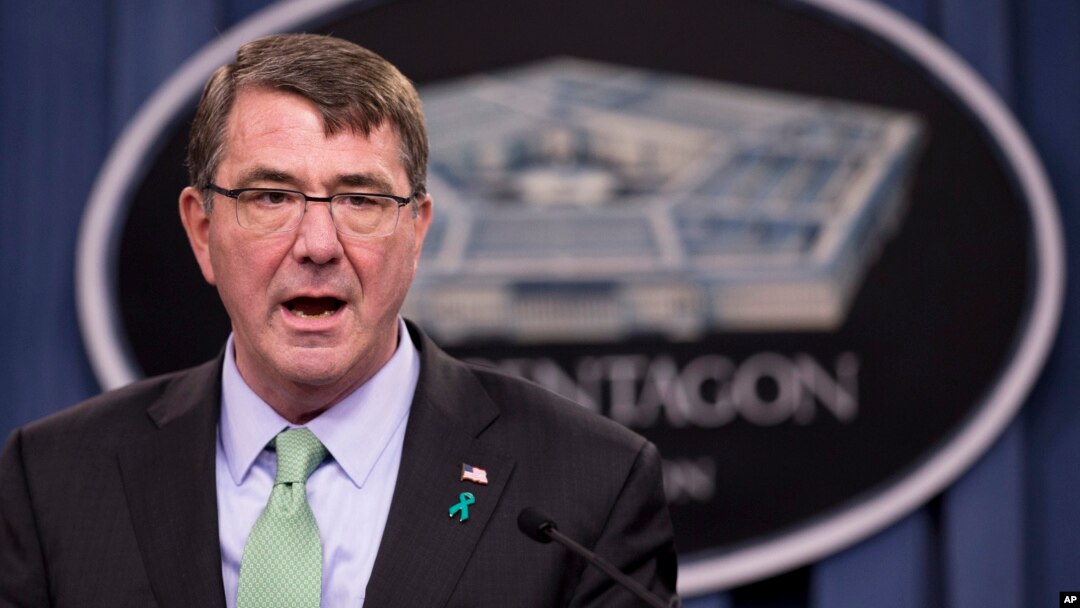 Defense Secretary Ash Carter, at a Pentagon news conference, discusses the Defense Department's annual report on sexual assault in the military, May 1, 2015.