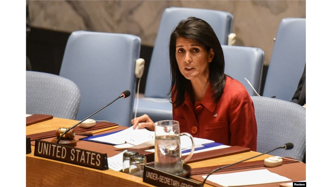 FILE - United States Ambassador to the United Nations Nikki Haley delivers remarks at a Security Council meeting at UN Headquarters, April 7, 2017.