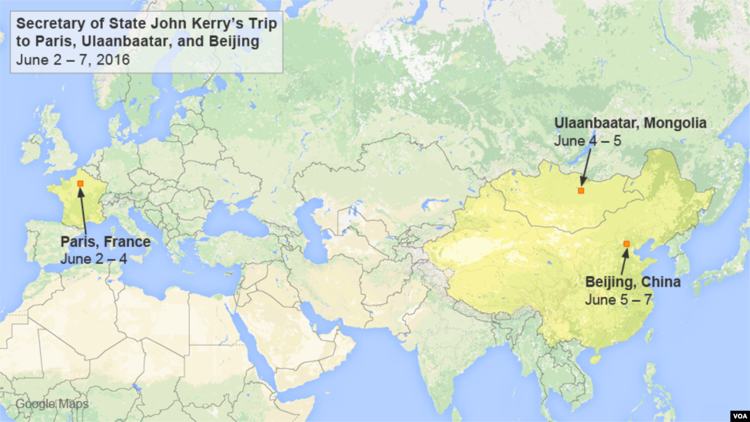 John Kerry will travel to Paris, Ulaanbaatar, and Beijing, June 2-7.