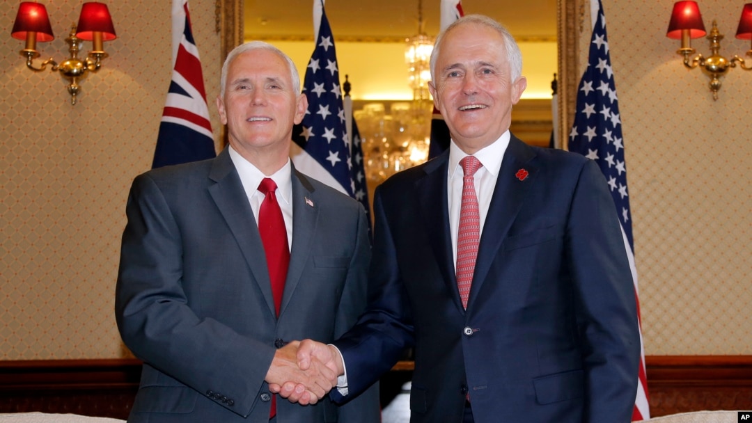 U.S. Vice President Mike Pence (left) shakes hands with Australia's Prime Minister Malcolm Turnbull at Admiralty House in Sydney, April 22, 2017.