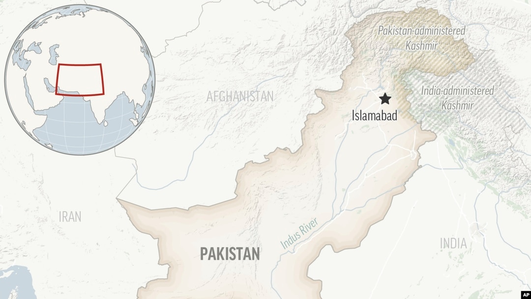 FILE - Map of Pakistan showing Islamabad and the Kashmir region. 