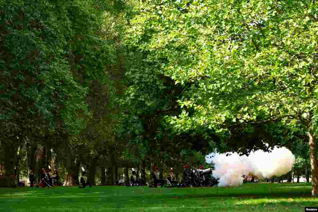 King's Troop Royal Artillery fires a salute at Hyde Park in London, Sept. 14, 2022.