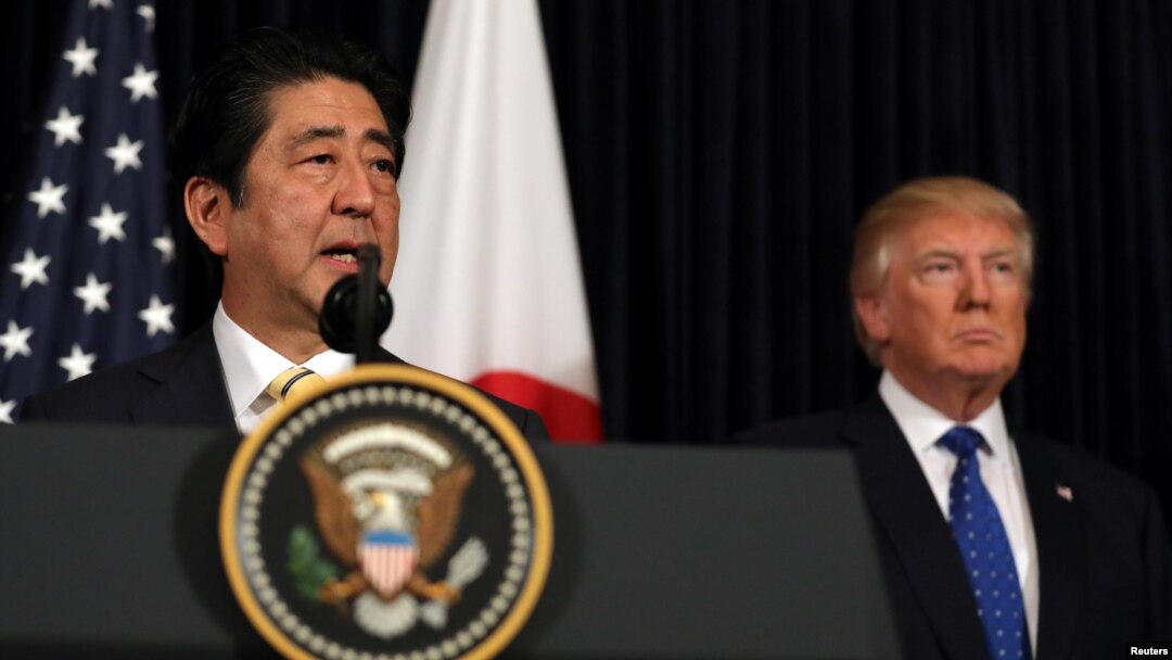 Japanese Prime Minister Shinzo Abe delivers remarks on North Korea accompanied by U.S. President Donald Trump at Mar-a-Lago club in Palm Beach, Florida, Feb. 11, 2017.