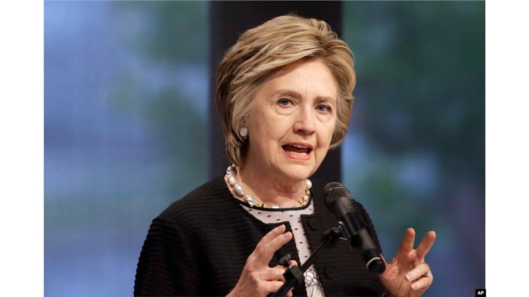 FILE - Former Secretary of State Hillary Clinton speaks in Baltimore, June 5, 2017.