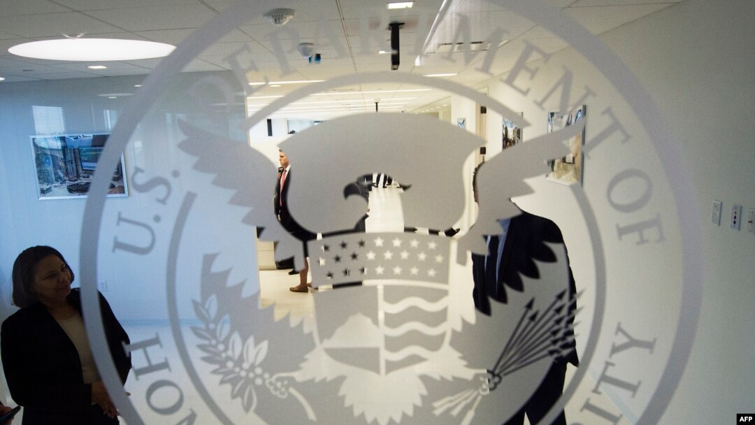 FILE - The Department of Homeland Security logo is seen at one of its annex facilities in Fairfax, Virginia, July 22, 2015.