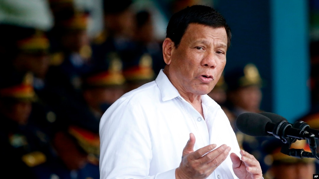 FILE - Philippine President Rodrigo Duterte gestures during a speech at Camp Crame in Quezon city, northeast of Manila, Aug. 8, 2018.