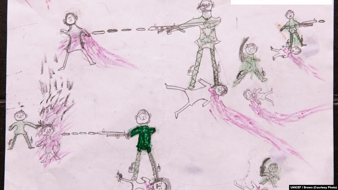  Drawing by a Rohingya boy, Abdul, revealing the horrific experiences he endured while fleeing from Myanmar to Bangladesh, at the children friendly space at the Balukhali makeshift refugee camp in Cox’s Bazar district in Bangladesh. 