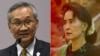 合成图片：泰国外交部长帕马威奈和被军人政变推翻的缅甸领导人昂山素季。帕马威奈披露他与被关押的昂山素季见了面。(2023年7月12日)