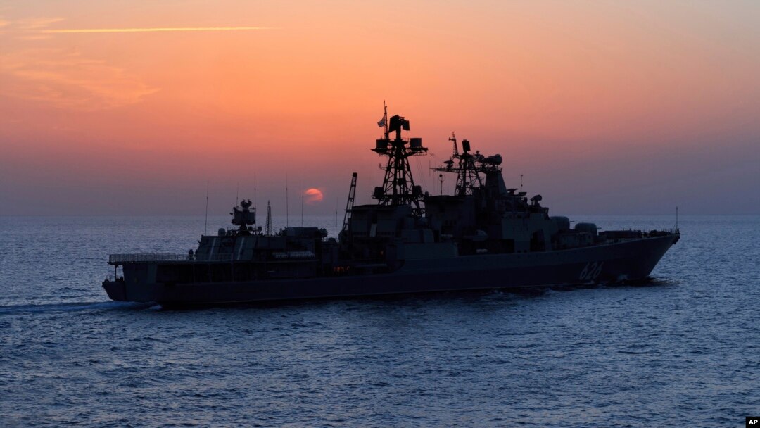 FILE - The Russian navy destroyer Vice Admiral Kulakov is seen on patrol in the eastern Mediterranean. Xinhua said the theme of this year's drills was "joint rescue and protection of maritime economic activities".