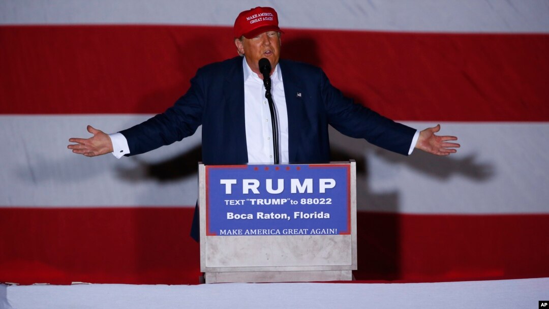 Republican presidential candidate Donald Trump speaks during a campaign rally in Boca Raton, Fla., Sunday, March 13, 2016.
