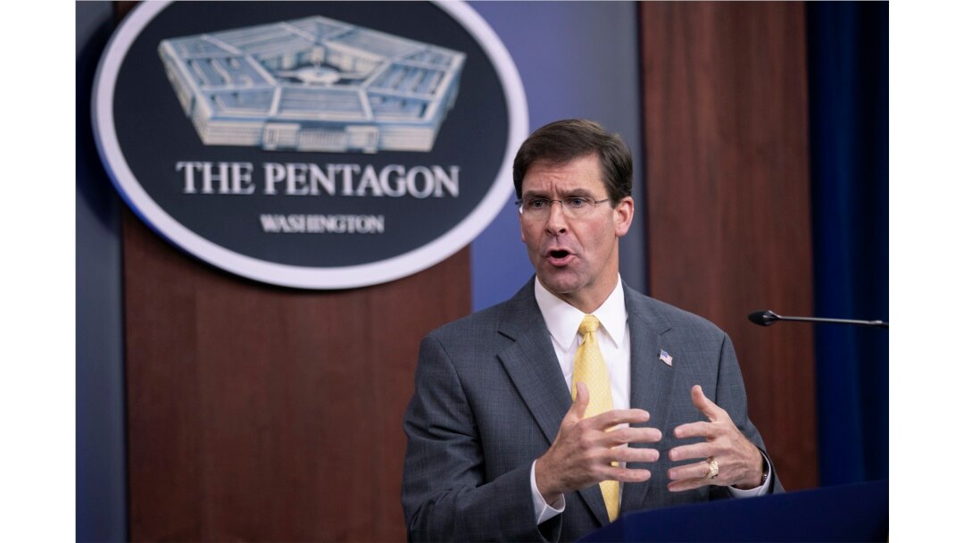 FILE - U.S. Secretary of Defense Mark Esper speaks to reporters during a briefing at the Pentagon, Aug. 28, 2019.