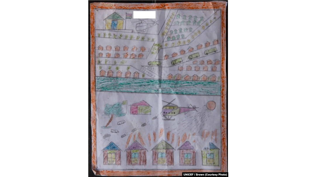 Drawing by a Rohingya boy, Kashem, revealing horrific experiences he endured while fleeing from Myanmar to Bangladesh.