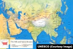 There were many trade routes between East and West. The Silk Road is shown in red on this map.