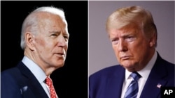 资料照片: 前副总统拜登2020年3月12日在德拉瓦州威明顿讲话(左);特朗普总统 2020年4月5日在白宫讲话(右)。